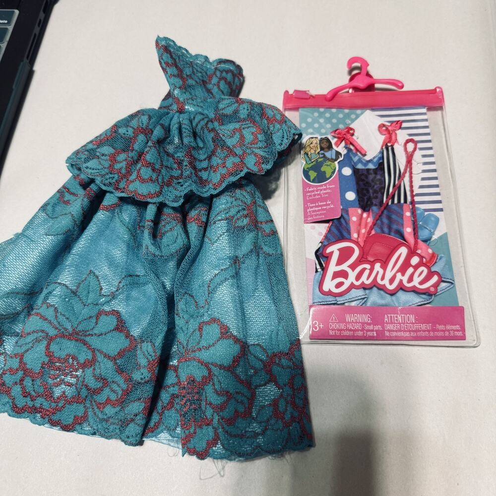Vintage 90s Barbie Turquoise Blue Ball Gown & new bonus Fashion outfit NIP